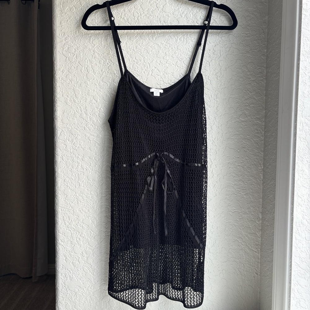 Women XL Crochet Knit Cami Tank‎ Top Y2K Biker Black Boho Ribbon Tie Spaghetti